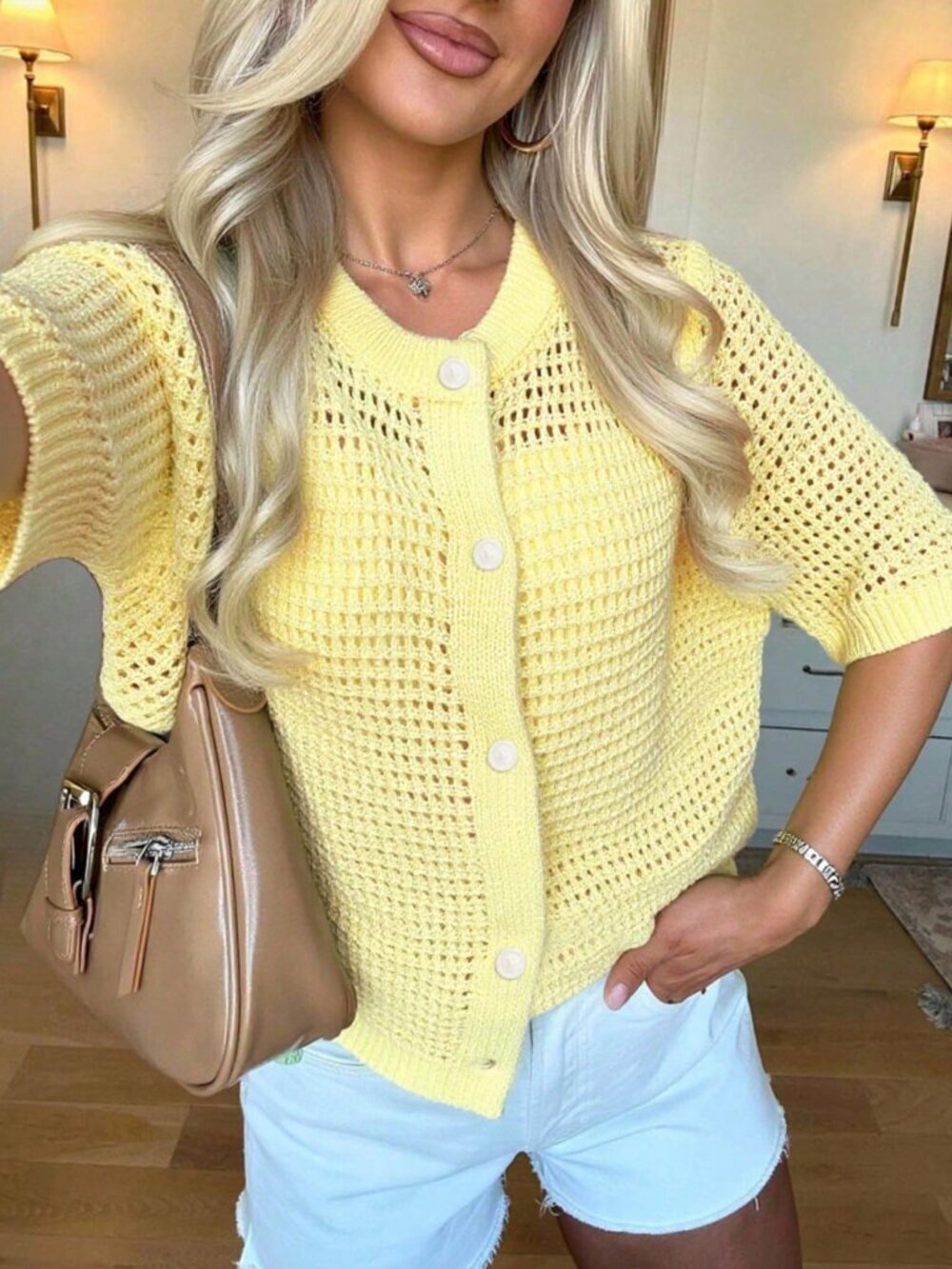 Yellow Casual Women's Knit Cardigan with Round Neck